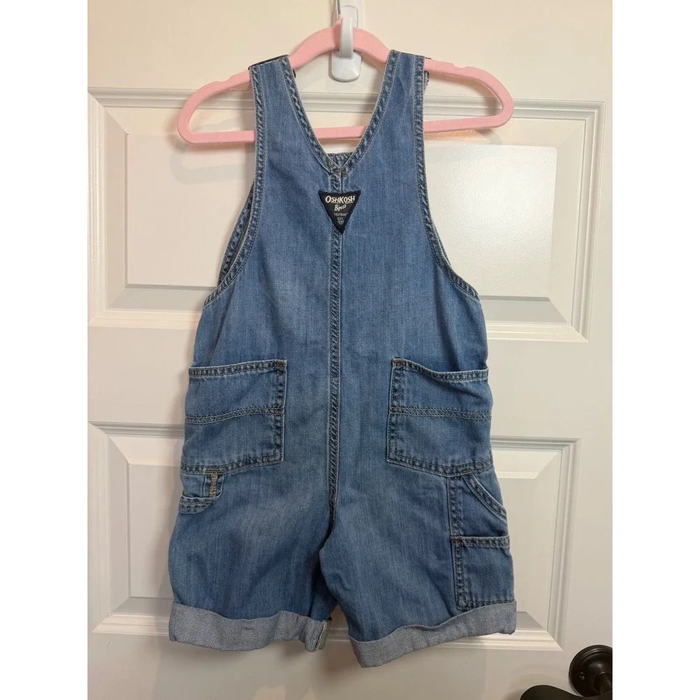 2.OshKosh Bgosh Kids 5T Blue Denim Shortalls Vestbak Overalls Medium Wash